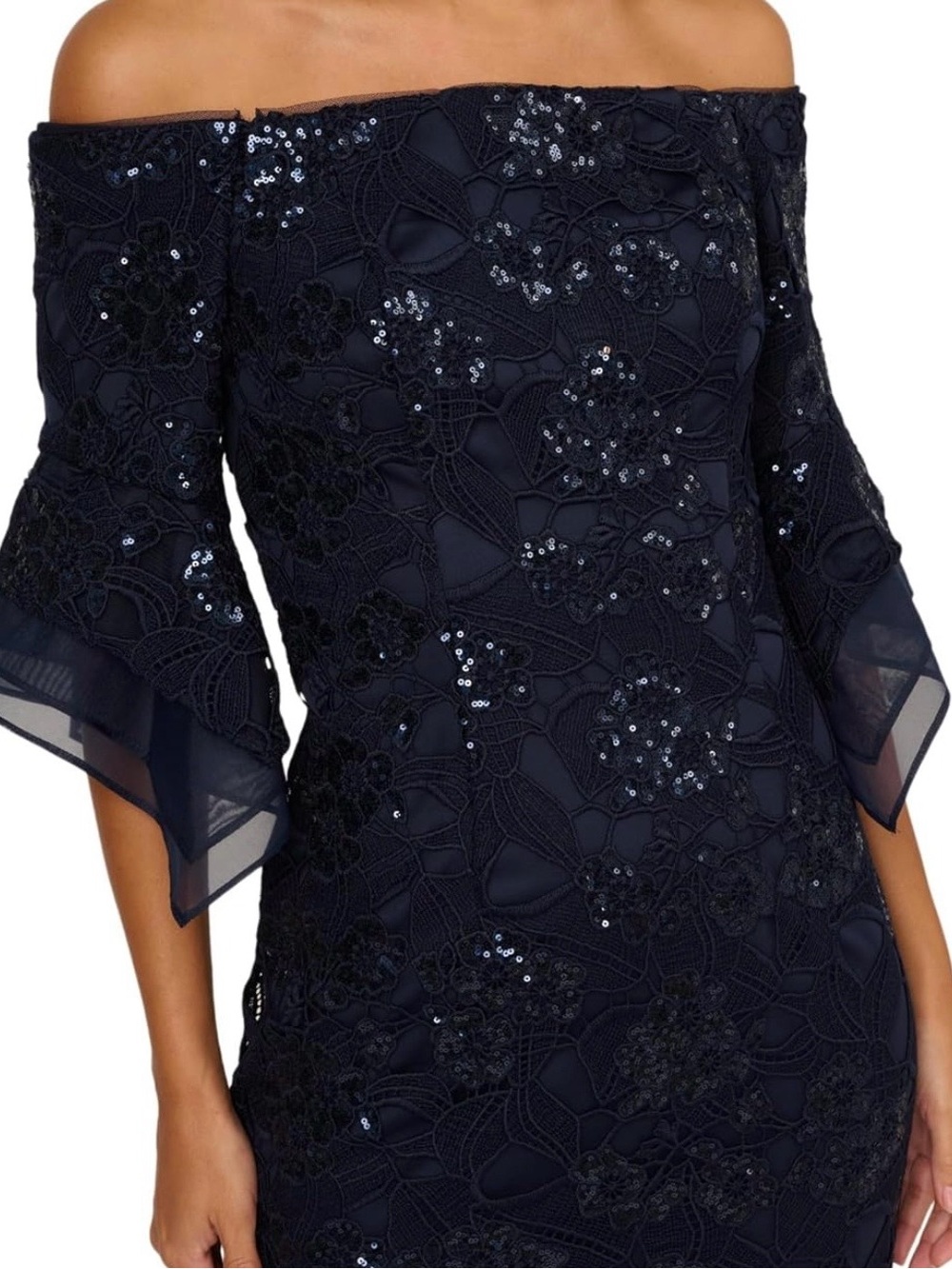 Adrianna Papell Navy Off-Shoulder Sequin Lace Gown - Picture 4 of 8